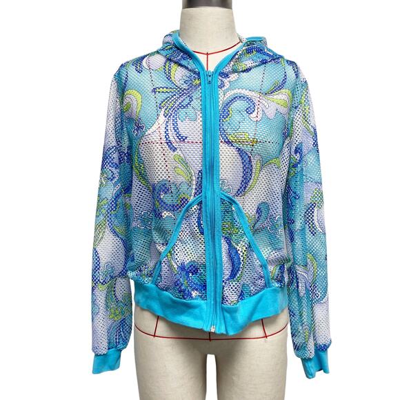 Vintage Womens Blue Printed Mesh Sheer Zip Hoodie Sweater - Picture 1 of 5